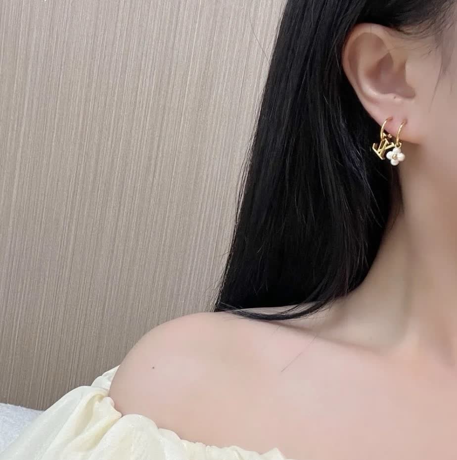 Louis Vuitton Gold Tone Logo & Pearl Flower Hoop Earrings